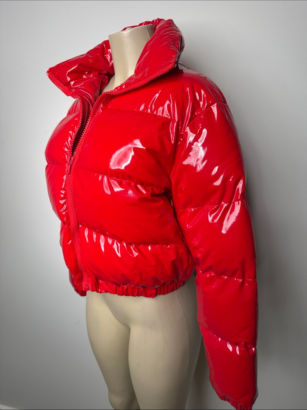 Glossy Red Cropped Puffer Jacket - Women - Picture 2 of 5